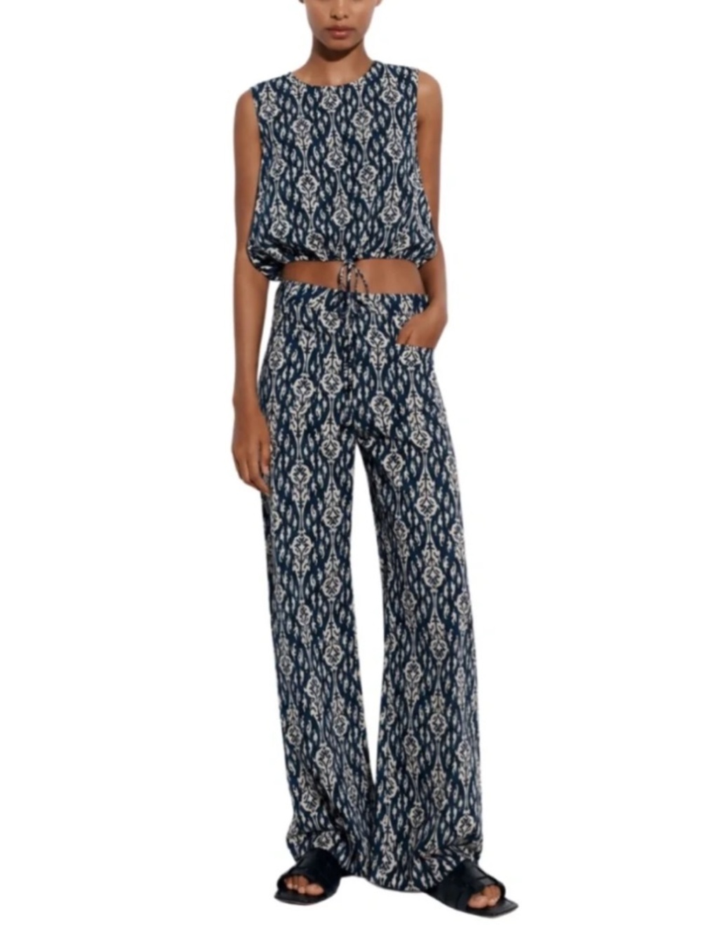 Zara Navy and White Printed Wide-Leg Jumpsuit